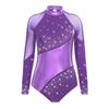 Women's Metallic Dance Leotard - Color Block Mock Neck Long Sleeve with Keyhole Back & Rhinestones for Gymnastics