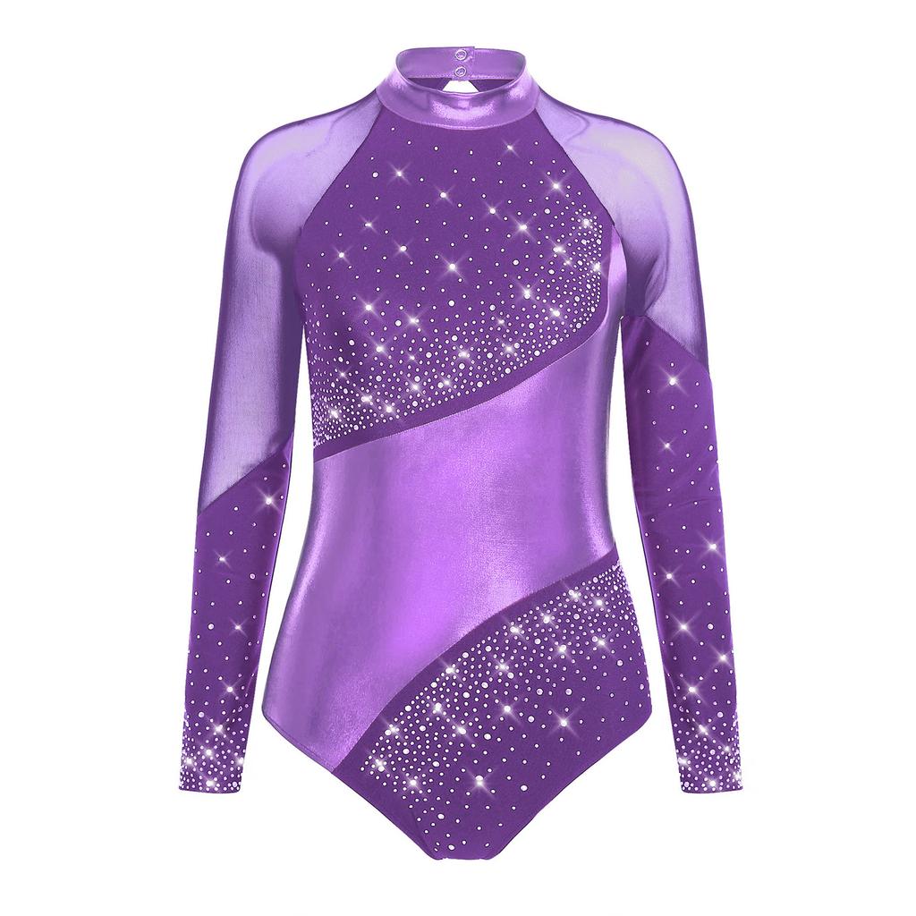 Women's Metallic Dance Leotard - Color Block Mock Neck Long Sleeve with Keyhole Back & Rhinestones for Gymnastics