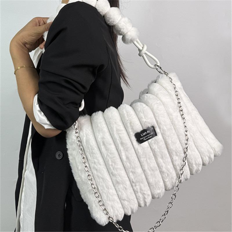 Borsa Tote Grande in Peluche da Donna con Tracolla/Manico Morbida Esterno in Peluche a Strisce Borsa Accogliente per, Viaggio, Uso Quotidiano