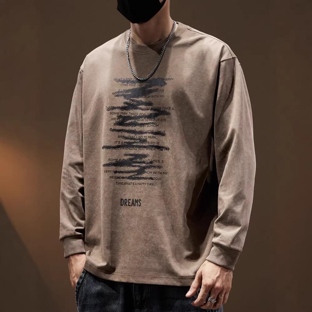 Men's Heavyweight Retro Washed Long-Sleeve T-Shirt - Autumn Edition, Loose Fit, Round Neck, Trendy American Print