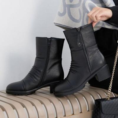 Jisyu Chunky Heel Mid Boots With Natural Leather And Fleece Lining