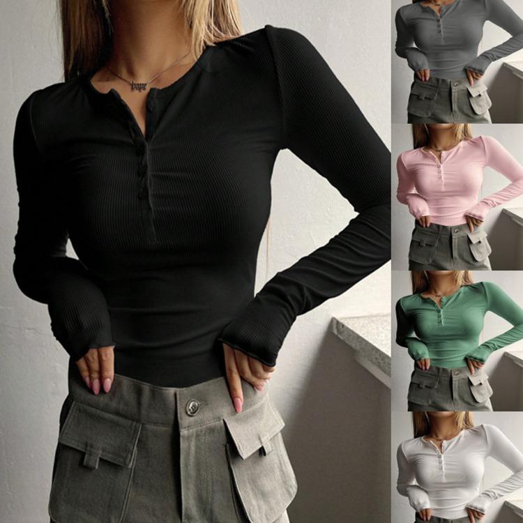Women’s Button-up Ribbed Fitted Fresh and Sweet Long-sleeved Knitted Top
