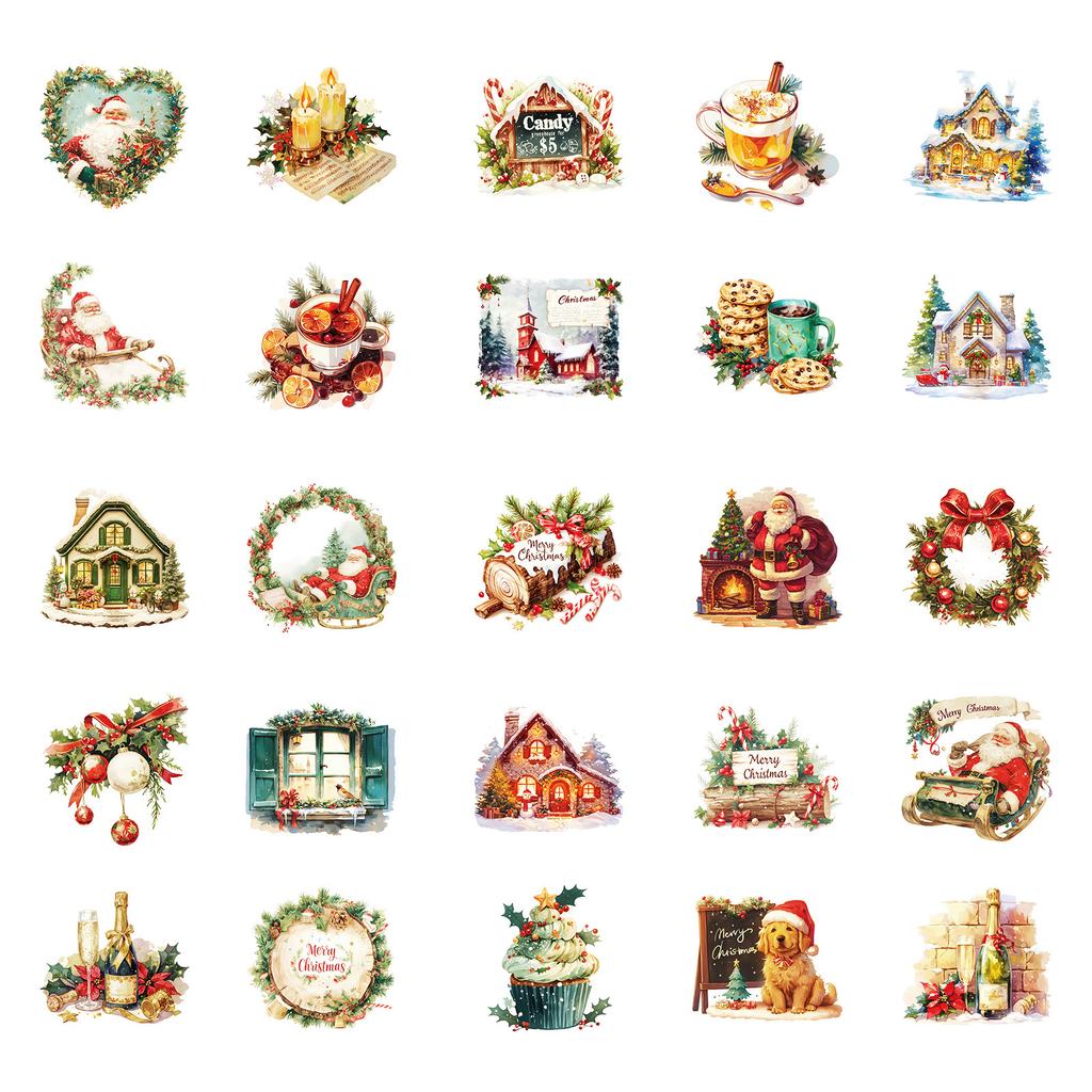 50 PCS Vintage Christmas Stickers - Cozy Holiday Decals for Journals, Luggage, Gifts