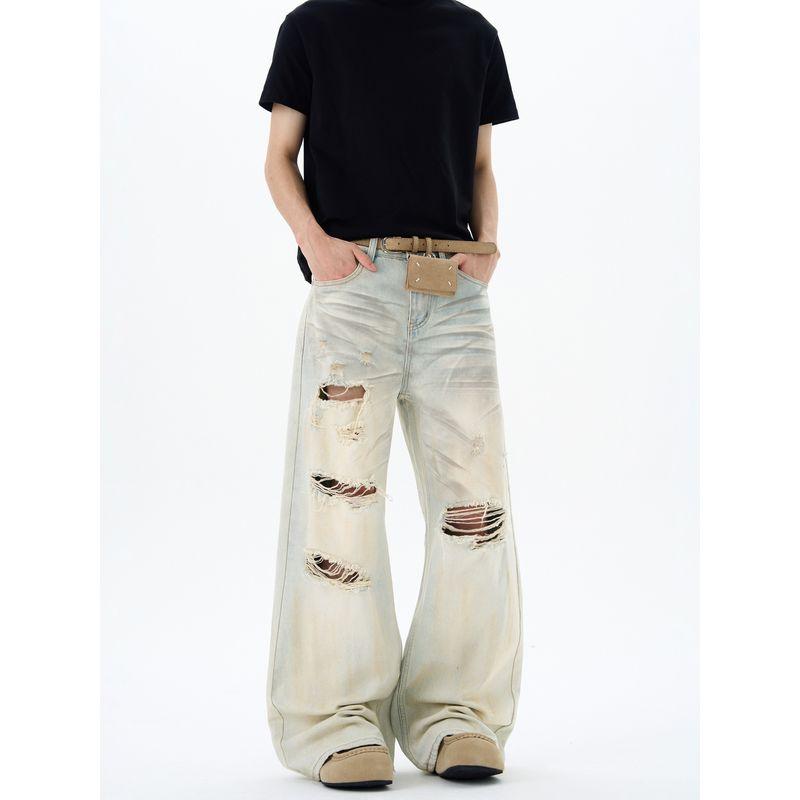 Kisko New High Street Dirty-Dyed Ripped Vibe Washed Jeans Unisex Trendy Brand Cool Loose Straight Pants