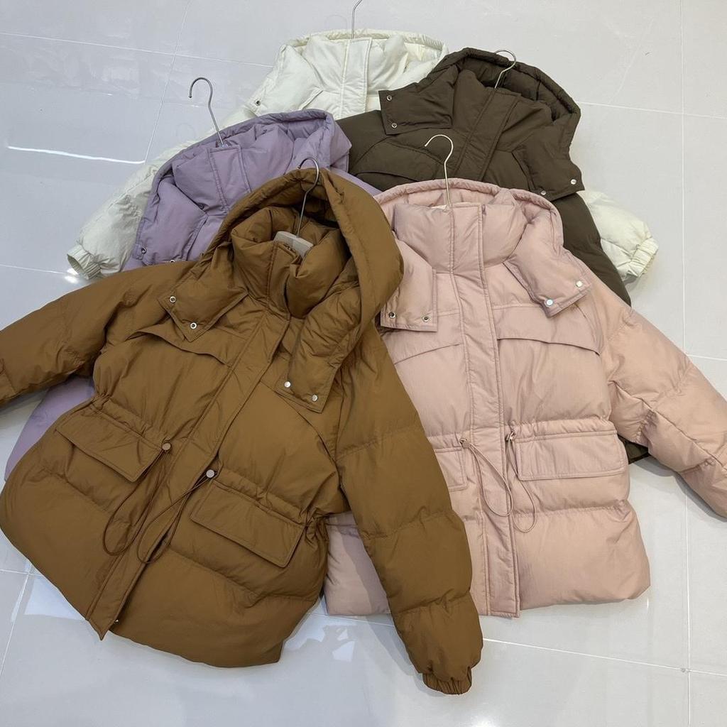 Women's Autumn Winter Down Jacket Short Hooded Single Breasted Loose Adjustable Waist Straight Tube White Duck Down Coat