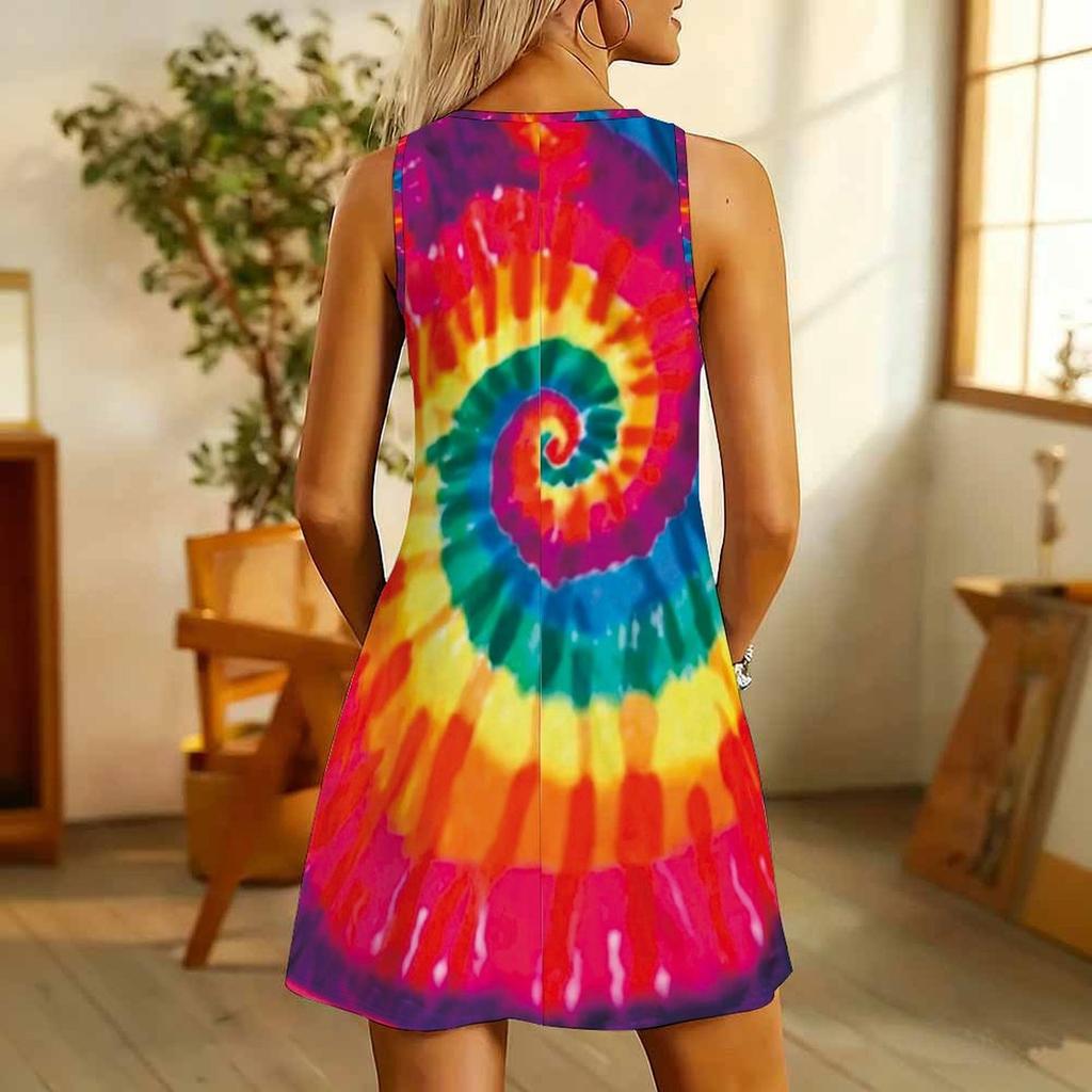 Women Plus Size Sleeveless Round Neck Cloudy Pastel Tie Dye Print Loose Knee Length Casual Dress