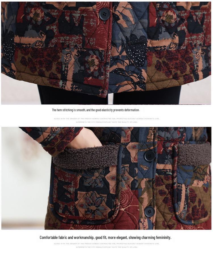 Autumn/Winter 2025 Mid-Length Plus Velvet Cotton Jacket for Stylish Middle-Aged and Elderly Women