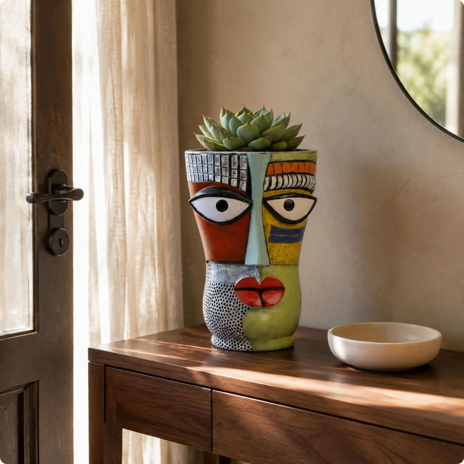 Abstract Facial Planter Artistic Design Colorful Art Flower Pot Unique Decorative Face Vase Antique