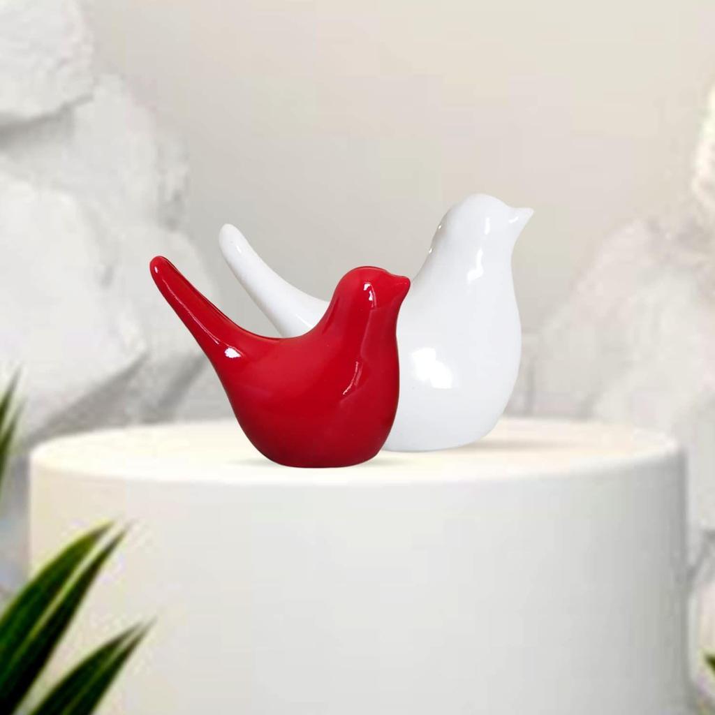 Creative White and Red Glossy Ceramic Birds Figurines Home Decorations Accessories Party (Pack of 2, White & Red)