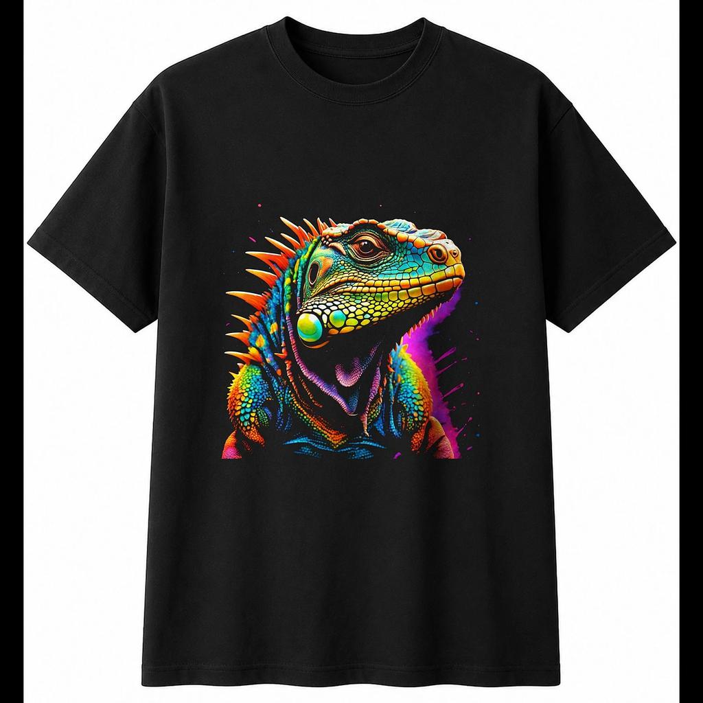 Iguana Psychedelic Reptile Mens T-Shirt Black 100% Cotton Snake Printed Exotic