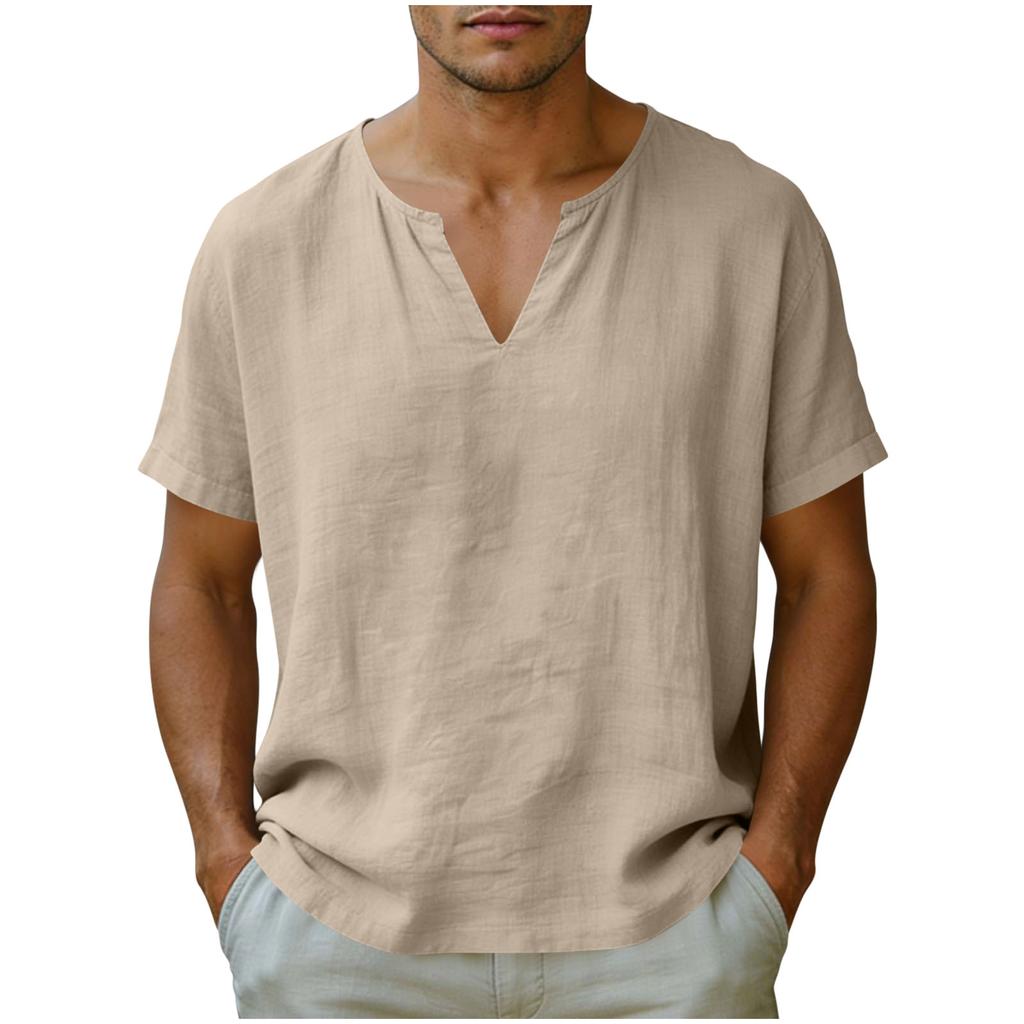 Men’s Short Sleeve V Neck Casual Loose Fit Linen T Shirt Lightweight Breathable Summer Basic Top for Daily Wear