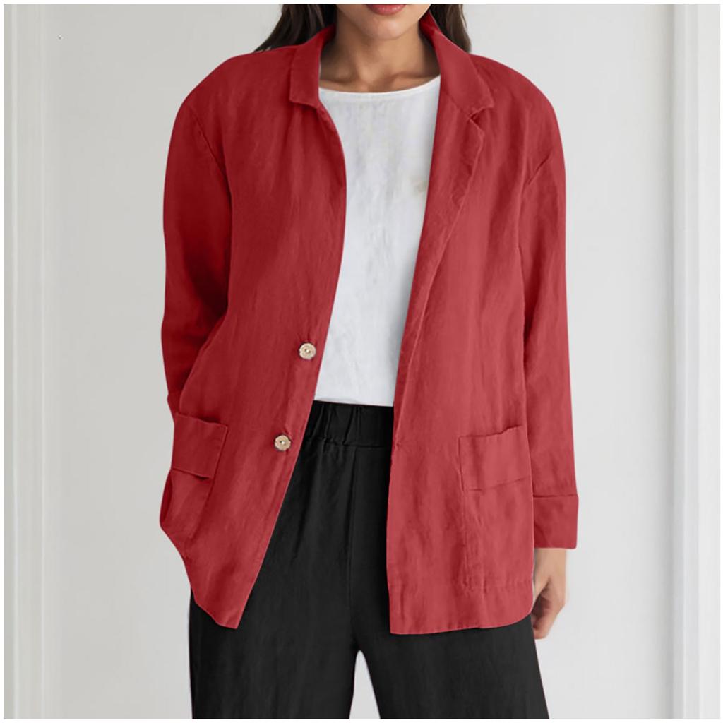 Damska Modna Jednolita Kolorystyka Luźna Kurtka Casual z Długim Rękawem i Kieszeniami Zapinana na Guziki