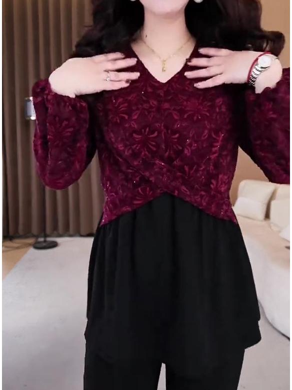 Spring 2025 European Lace Long Sleeve Shirt - Plus Size, Casual, Temperament Style for Middle-Aged Women