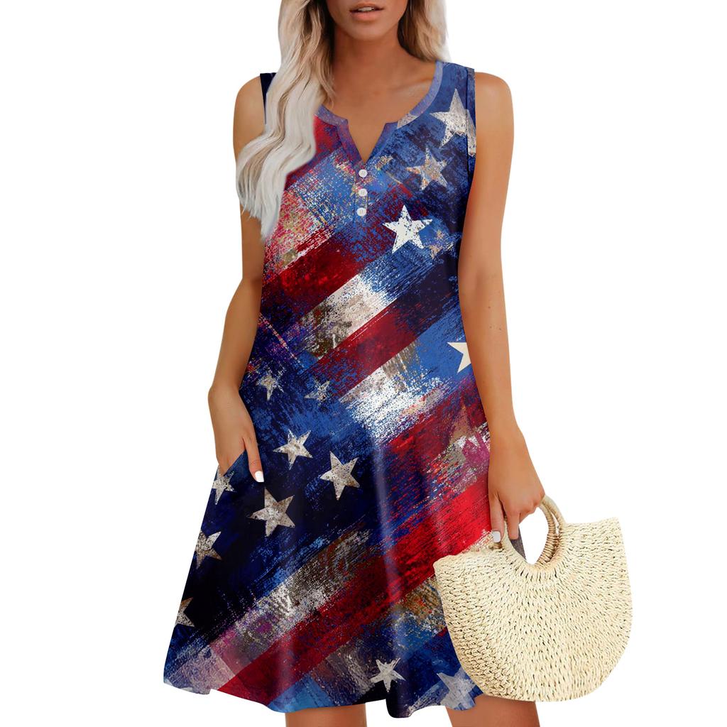 Damen Sommerkleider Lockeres V-Ausschnitt Ärmelloses Sommerkleid Kleid Mit Taschen