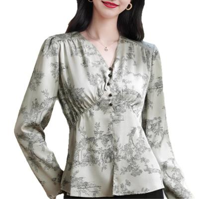 Fashion Printed V-neck Shirt Women's Waist High-end Foreign Style Age-reducing Shirt Spring New Long-sleeved Top