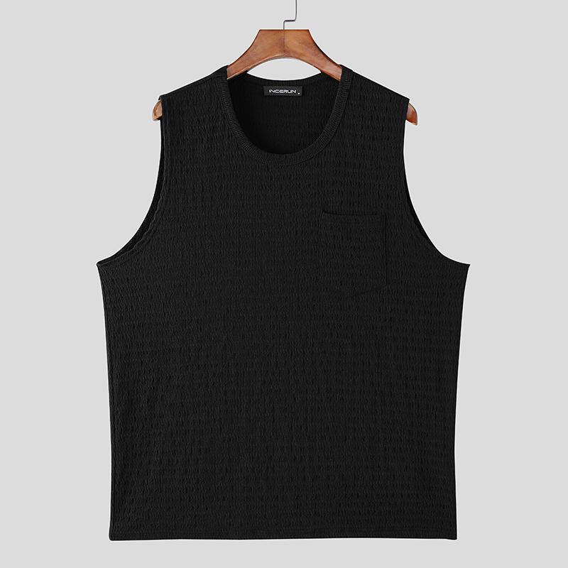 INCERUN Summer Men Sleeveless Texture Loose Casual Tank Tops Vest M чёрный