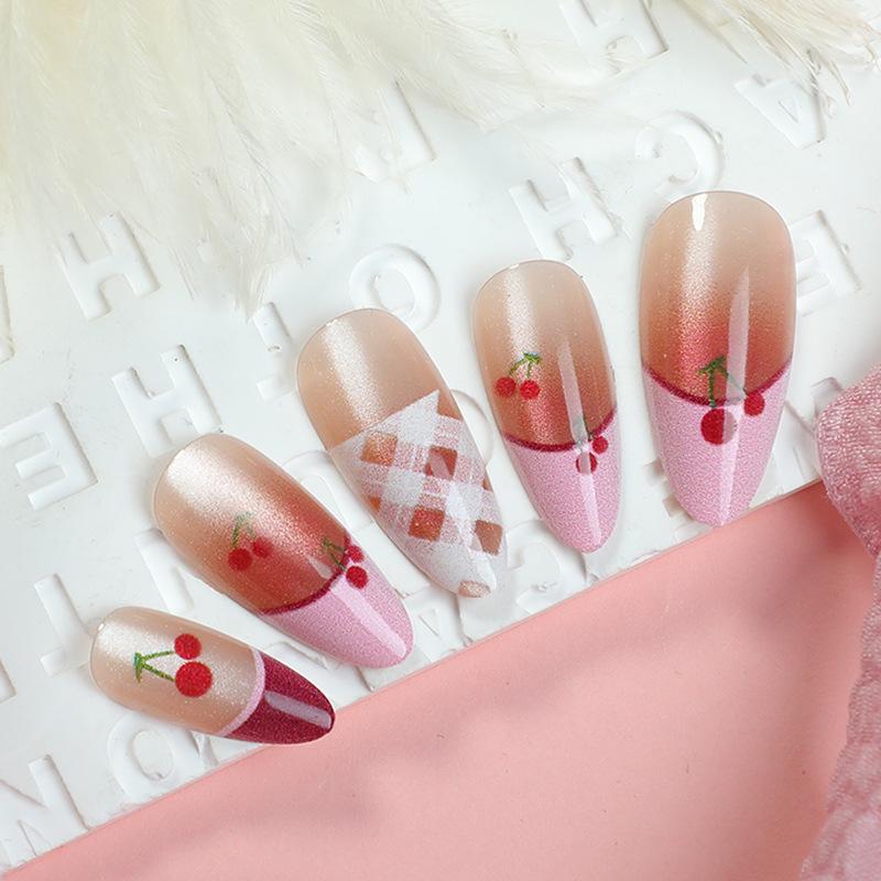 30-Piece Cherry Almond Cat Eye French Nail Art Tips, Handmade Painted Cherry Plaid Design