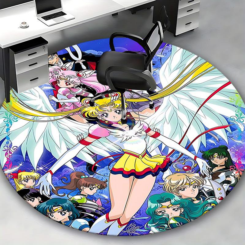 1pc Sailor Moon Anime Cartoon Design Round Carpet  Office Chair Mat, NonSlip Rug for Home Decor, Living Room, Bedroom, Game Room