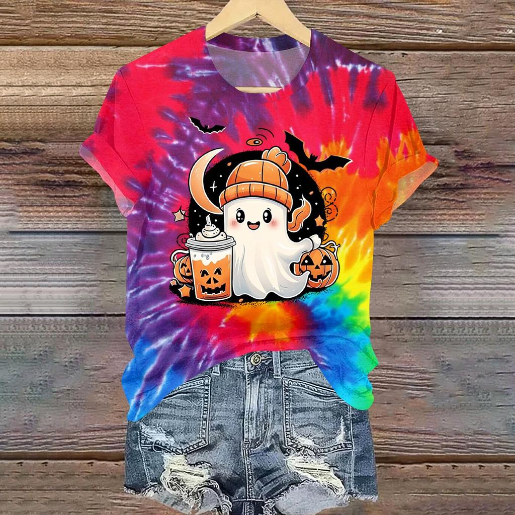 Ladies' Casual Halloween Printed Round Neck Short Sleeved T-Shirt