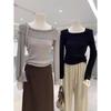Irregular one-word collar off-shoulder top women's spring soft waxy knitted sweater temperament slim-fitting bottoming shirt