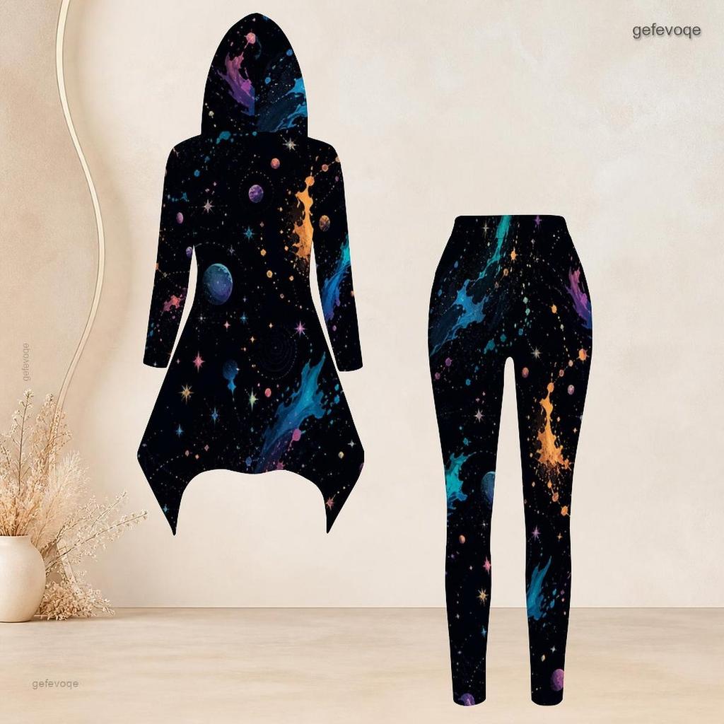 Women Plus Size Hooded Long Sleeve High Low Top Fitted Pants Green Beige Printed Two Piece Set