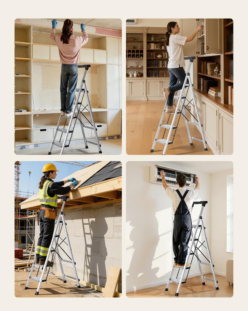 5 Step Ladder, Folding Step Stool with Wide Anti-Slip Pedal and Comfort Handgrip, 150 Kg Capacity Portable Aluminum Stepladder, Multi-Use for Kitchen,
