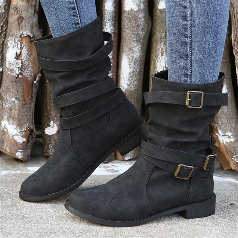 Medium boots, European and American short boots, retro Martin boots, belt buckle solid color low heel large size fashion boots