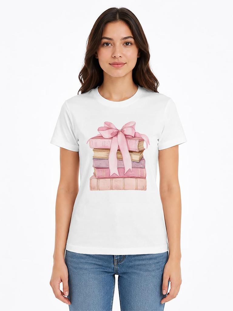 A stylish and versatile white T-shirt with pink book and bow-themed details, perfect for a sophisticated summer look.