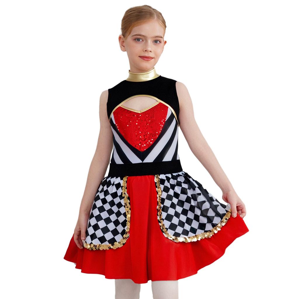 Girls Wonderland Queen Costume Sequins Mock Neck Sleeveless Chest Cutout Back Waist Bow Built In Briefs Puffy Dress