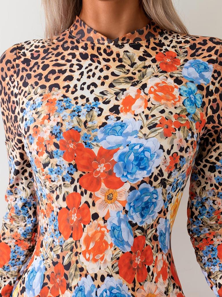 Women's Long Sleeve One-Piece Bikini Swimsuit with Printed Triangle Pants