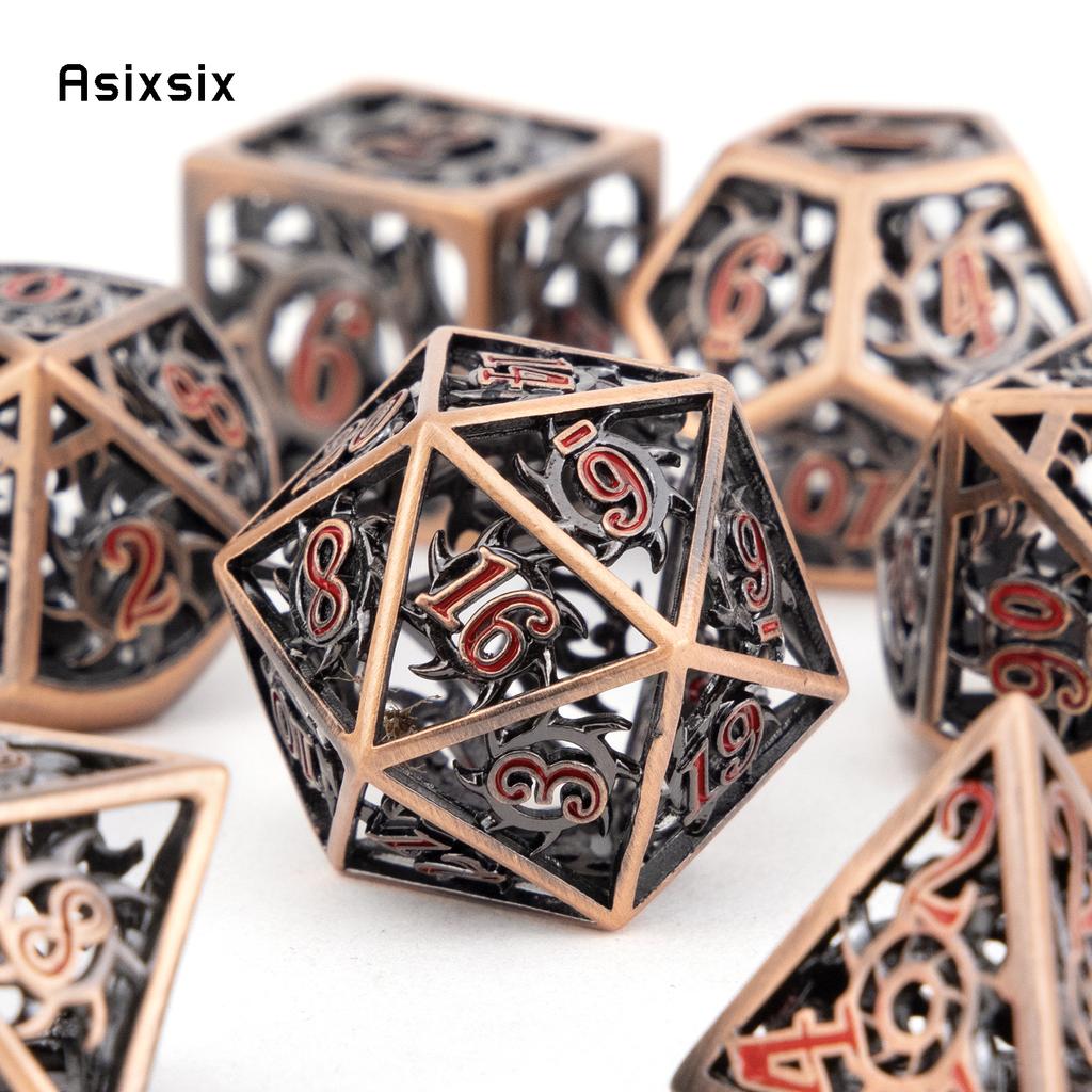 7 Pcs Copper Red Rotary Cyclone Metal Dice Hollow Metal Polyhedral Dice Set Suitable for Role-Playing RPG  Board Game Card Game