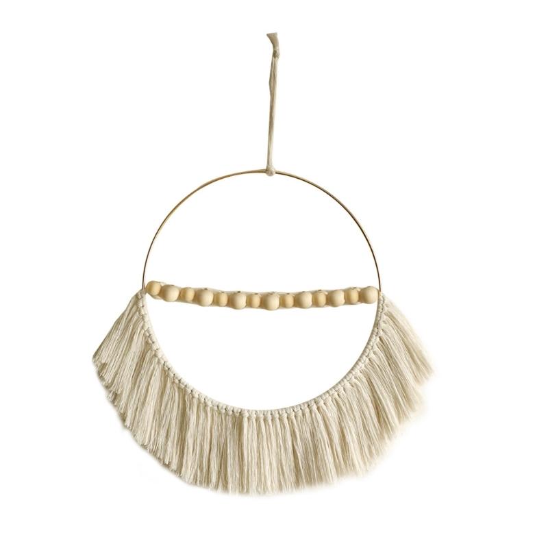 Handwoven Macrames Cotton Rope Tassels Round Wall Hanging with Wood Beads Dried Flower Plant Holders for Home Decors 1