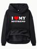 European & American Women's Fleece-Lined Hooded Sweatshirt with Kangaroo Pocket - Valentine's Day Print