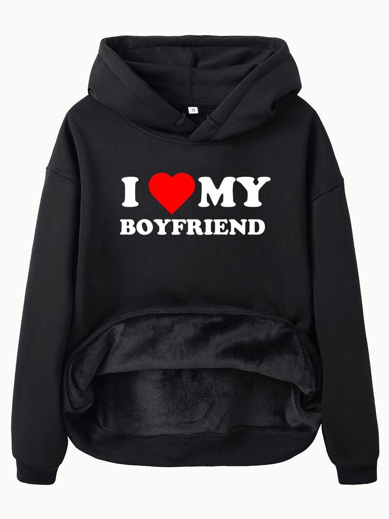 European & American Women's Fleece-Lined Hooded Sweatshirt with Kangaroo Pocket - Valentine's Day Print