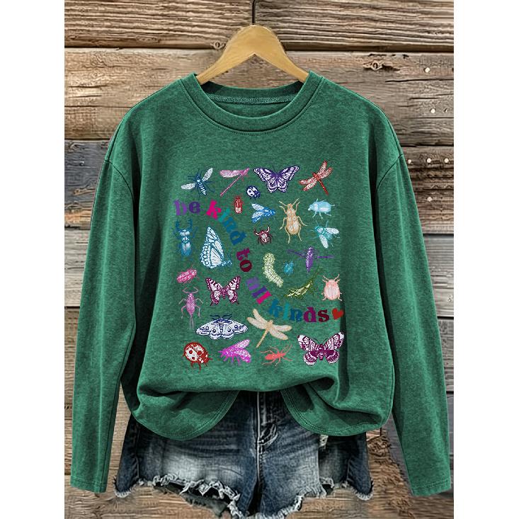 2026 New Women Autumn Winter Tops Letter And Insect Print Crew Neck Long Sleeve T Shirt Can Be Worn As Inner Layer