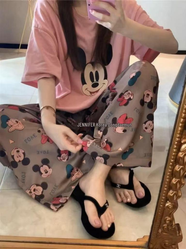 Damen Sommer Cartoon Pyjama Set - Rundhals, Kurzarm, Leichte Hose für Frühling & Herbst