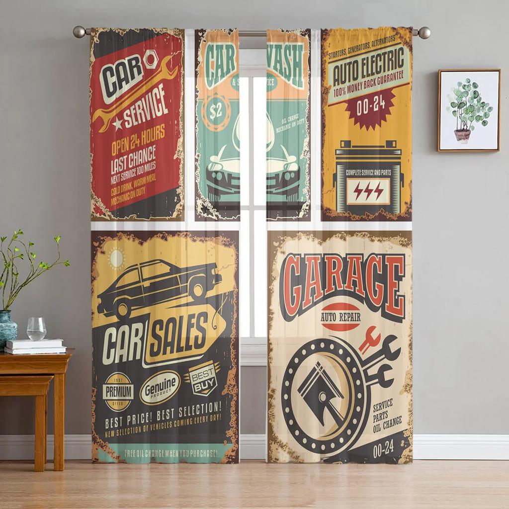 Alphabet Car Machinery Vintage Car Retro Tulle Sheer Window Curtains for Living Room Bedroom Voile Organza Curtains Drapes