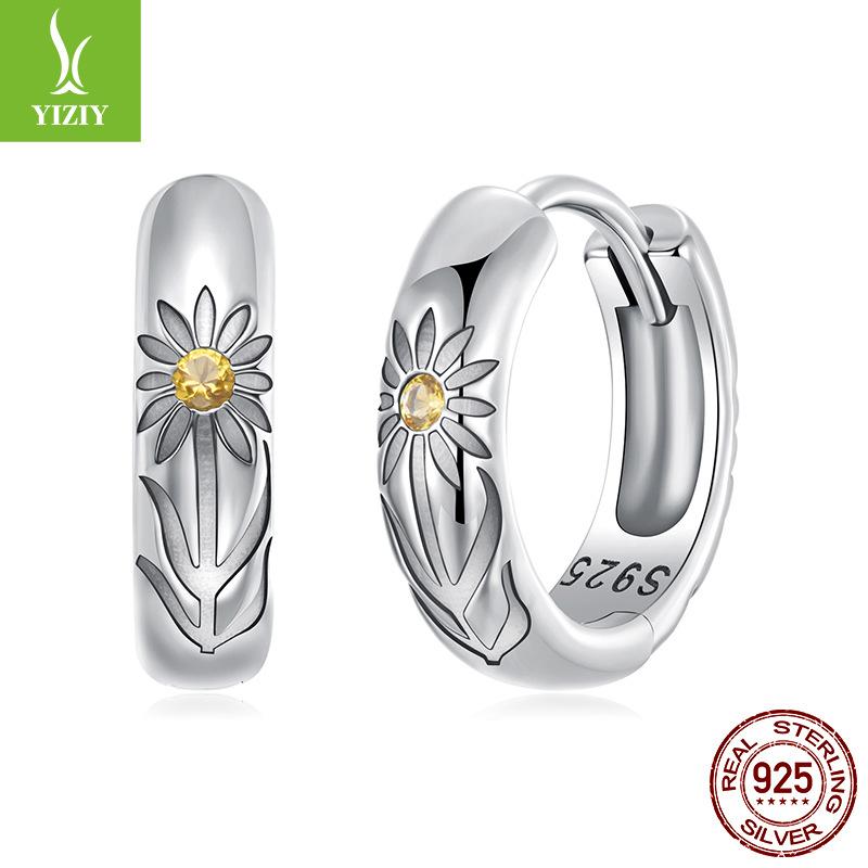 S925 Sterling Silver Carved Sunflower Ear Buckle Female, Gentle And Superior Sunflower Earrings Earrings