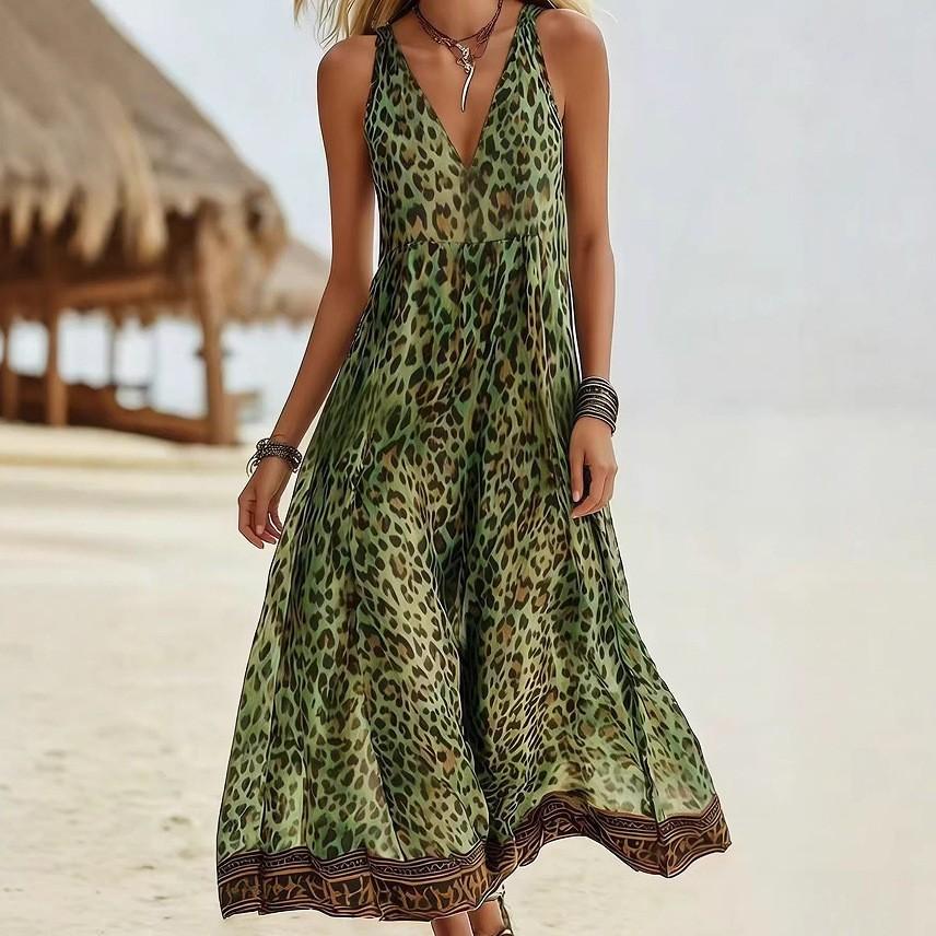 European and American new TikTok summer leopard print casual sleeveless V-neck dress women