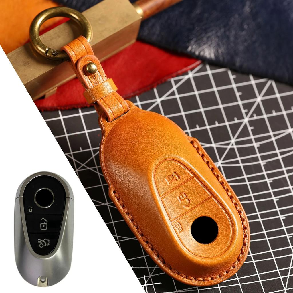 3D Genuine Leather Key Cover for Benz S400L S450 S500 Maybach Full Enclosed Anti-Scratch Fob Protector W/ Metal Ring
