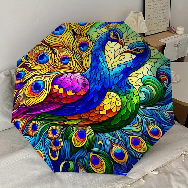 Colorful Peacock Feather Design Automatic Opening/Closing Umbrella with Convenient Three-Fold Design, 8-Bone Iron Frame Outdoor Umbrella, Pe