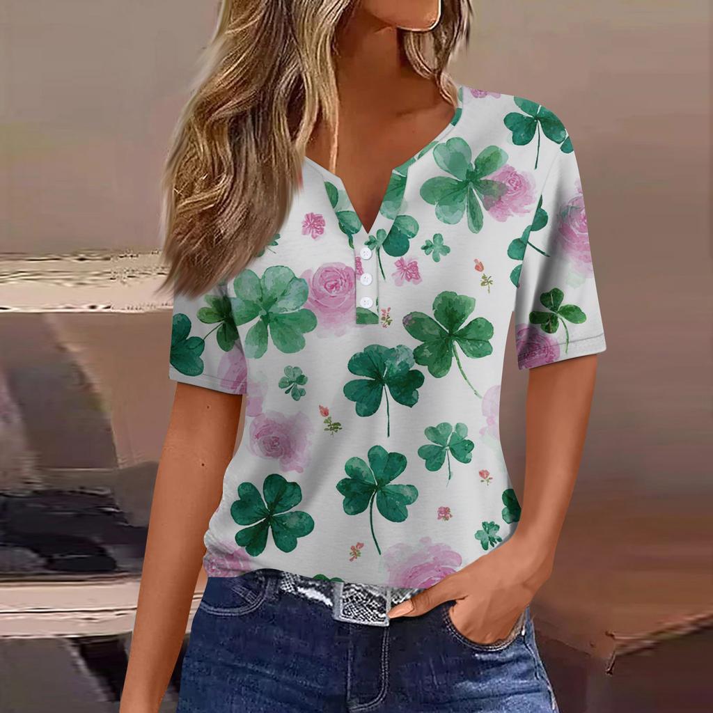 Damen T-Shirt Tee Print Knopf Kurzarm Täglich Wochenende Mode Basic V-Ausschnitt Reguläres Oberteil St. Patrick's Day