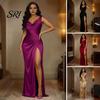 Noble Color Women Dress Women's Satin Ruched High Slit Bodycon Maxi Sexy Sleeveless Evening Cocktail Party Wedding Guest Formal Prom Gown