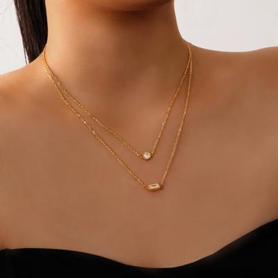 Super Flash Small Sugar Cube Zircon Necklace Titanium Steel Double-Layer Collarbone Chain Does Not Fade Stacked Temperament Gift