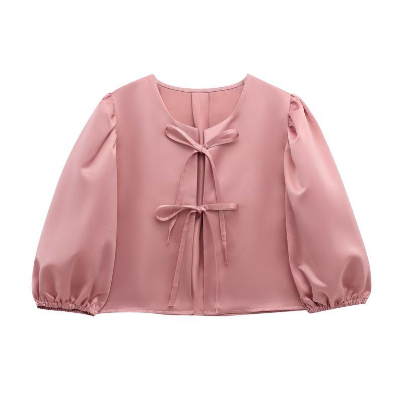 Kaslead New Arrival Women's Fashion Style Fashion Satin Puff Sleeves Bows Short Top
