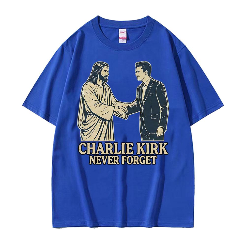 Charlie Kirk Never Forget Handschlag Lustiges T-Shirt Unisex Damenmode Sommer Kurzarm-T-Shirts Baumwolle Locker Übergröße T-Shirt