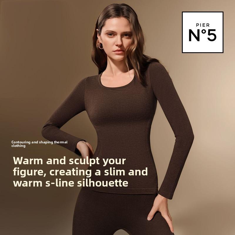 Set di biancheria intima termica da donna per autunno e inverno, aderente, snellente, a maniche lunghe, maglia intima termica e pantaloni termici