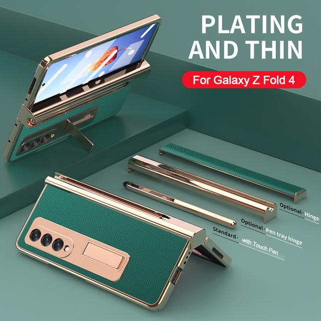 2 Pcs Hinge Capa For Samsung Z Fold 4 5g Case Plating Touch Pen Slot Front Screen Glass Stand For Galaxy Z Fold 4 Fold4 Cover