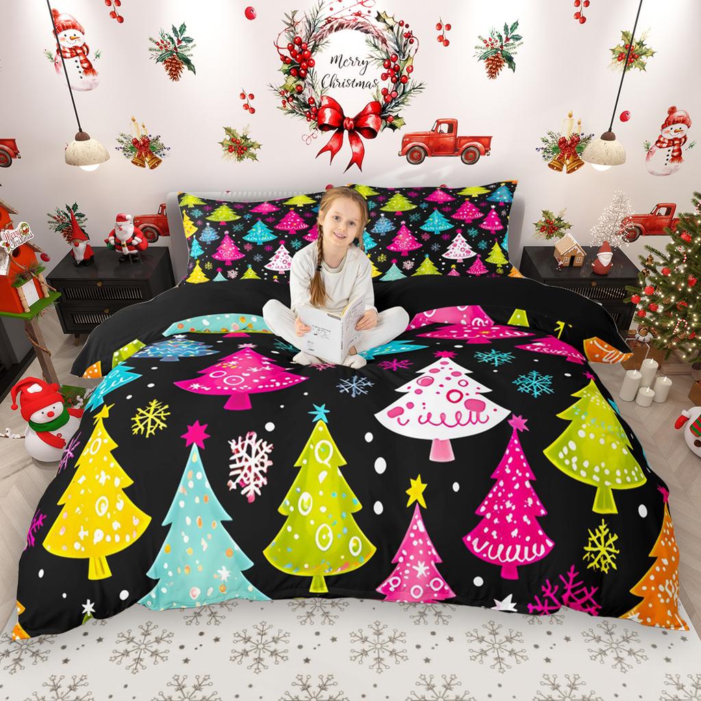 Homewish Kids Merry Christmas Duvet Cover Set 2pcs/3pcs, Gingerbread Xmas Tree Bedding Set, Cute Snowman Snowflake Quilt Cover