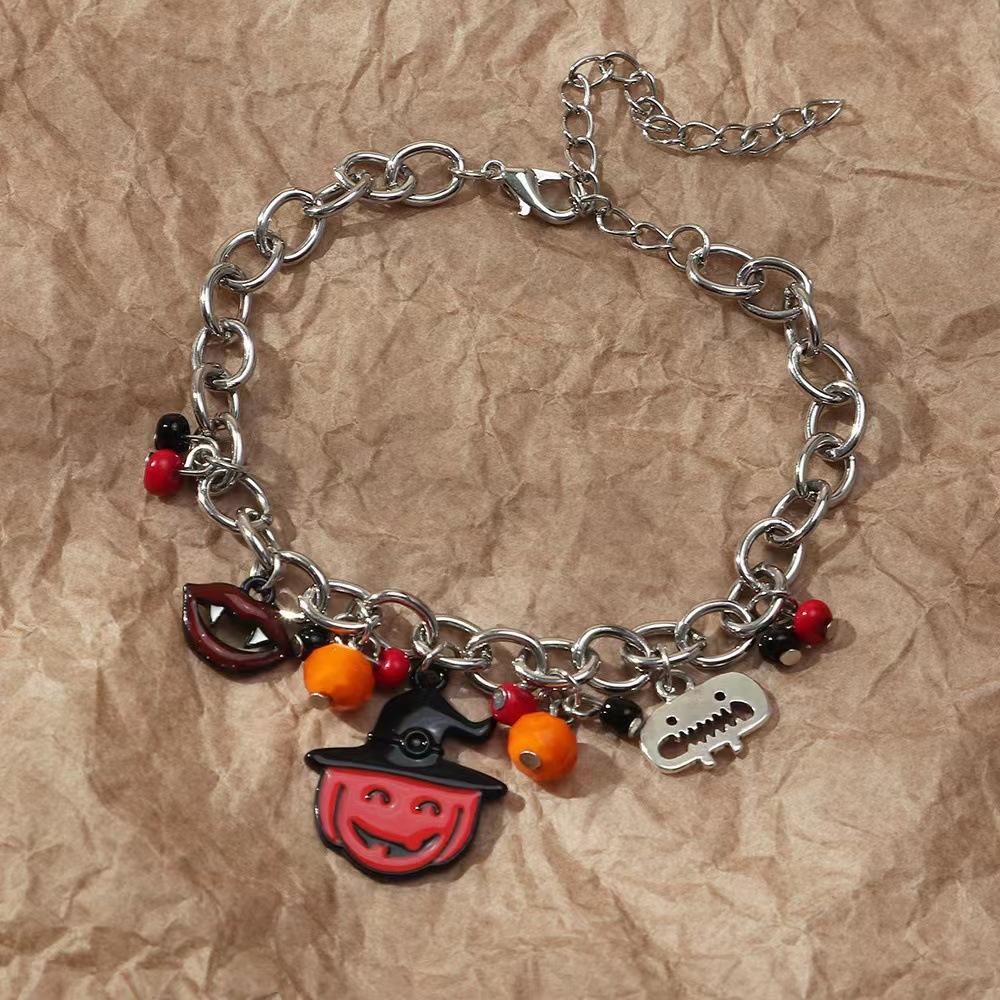 Personalized Fun Halloween Jewelry Combination Funny Gothic Skull Pumpkin Bat Bracelet Necklace Ring